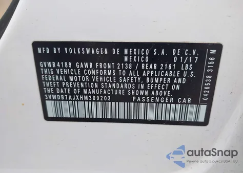 2017 Volkswagen Jetta 1.4T Se z USA, uszkodzony, nr VIN 3VWDB7AJXHM309203